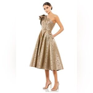 Nwt Mac Duggal One Shoulder Bow Midi Dress in Antique Bronze